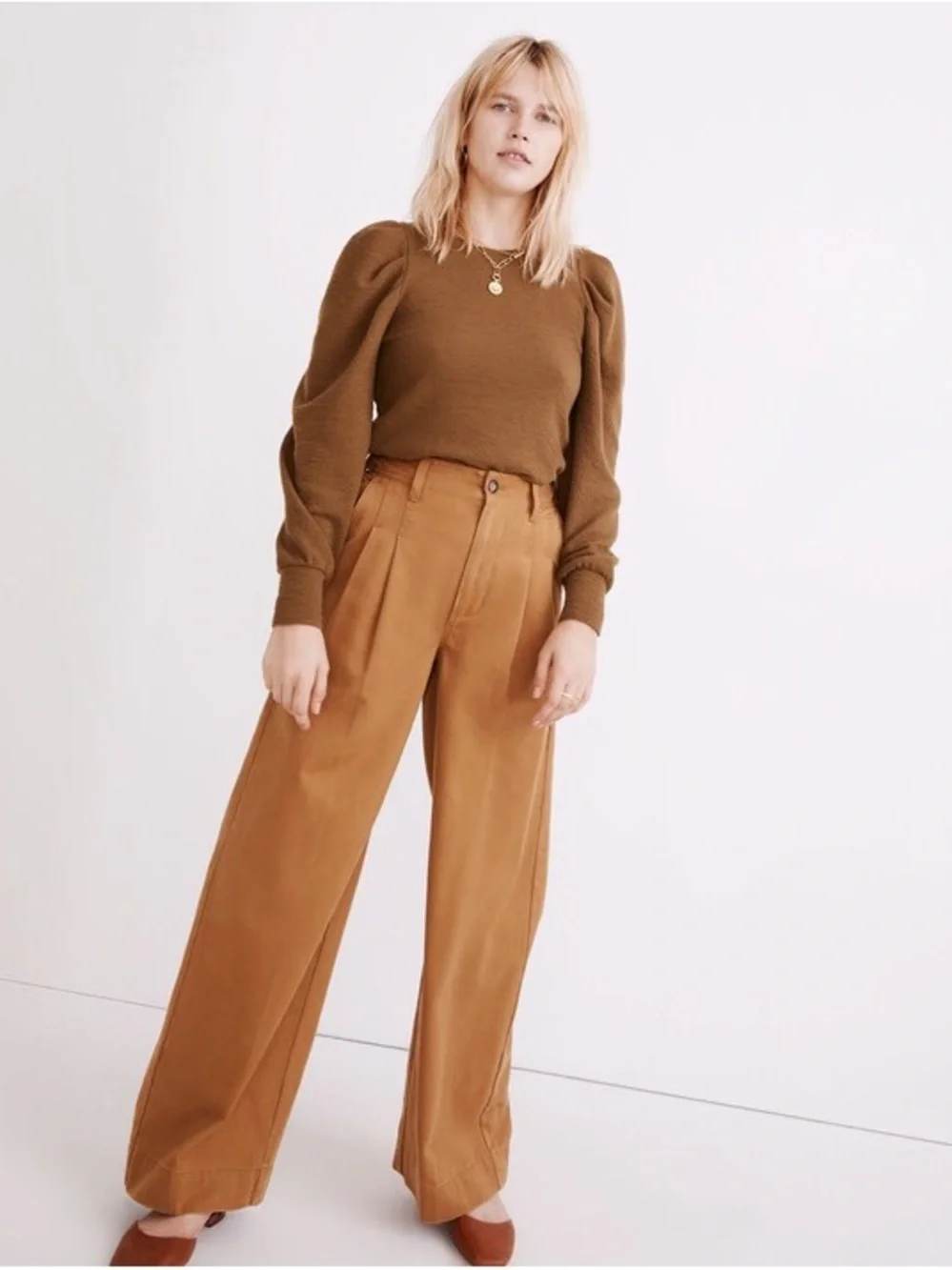 Madewell Puff-Sleeve Pleated Long Sleeve Top in Olive Green Size Medium